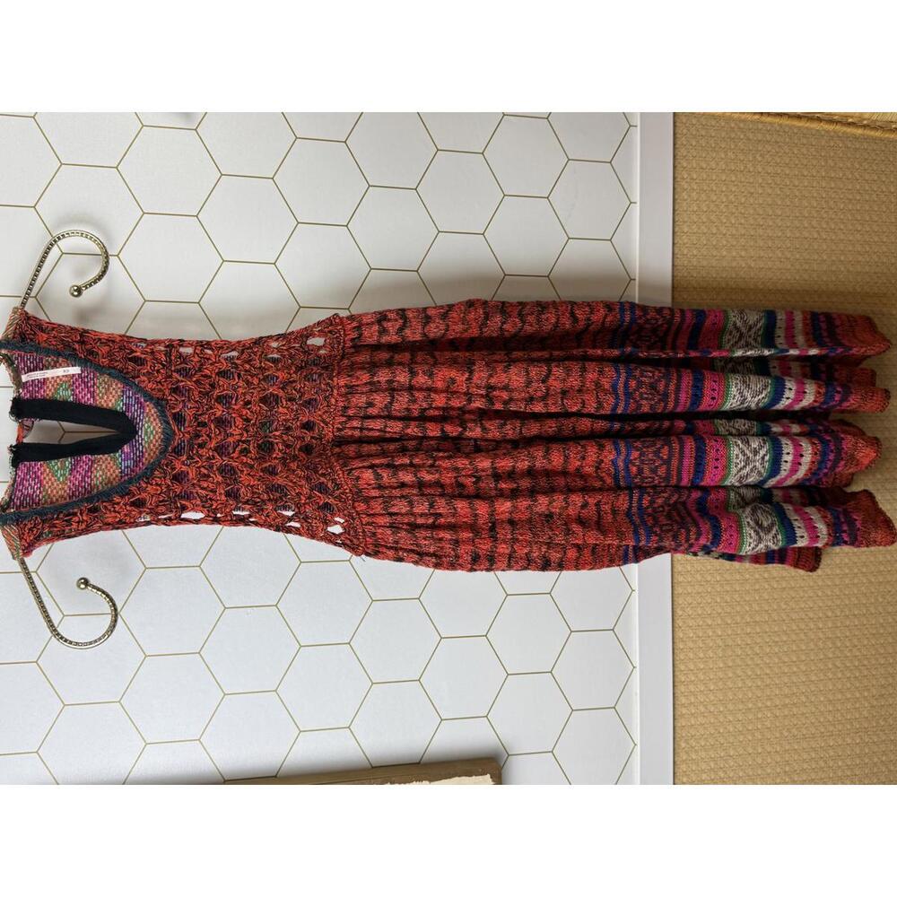 Free People Red Rare Hearts Crochet Sweater Tunic Dress - Size - Medium - Picture 9 of 9